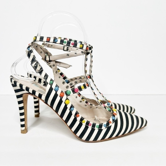 Boden Ashley T-Bar Striped Courts Heels Colorful Studs Size 37 6 Women’s - Picture 2 of 6